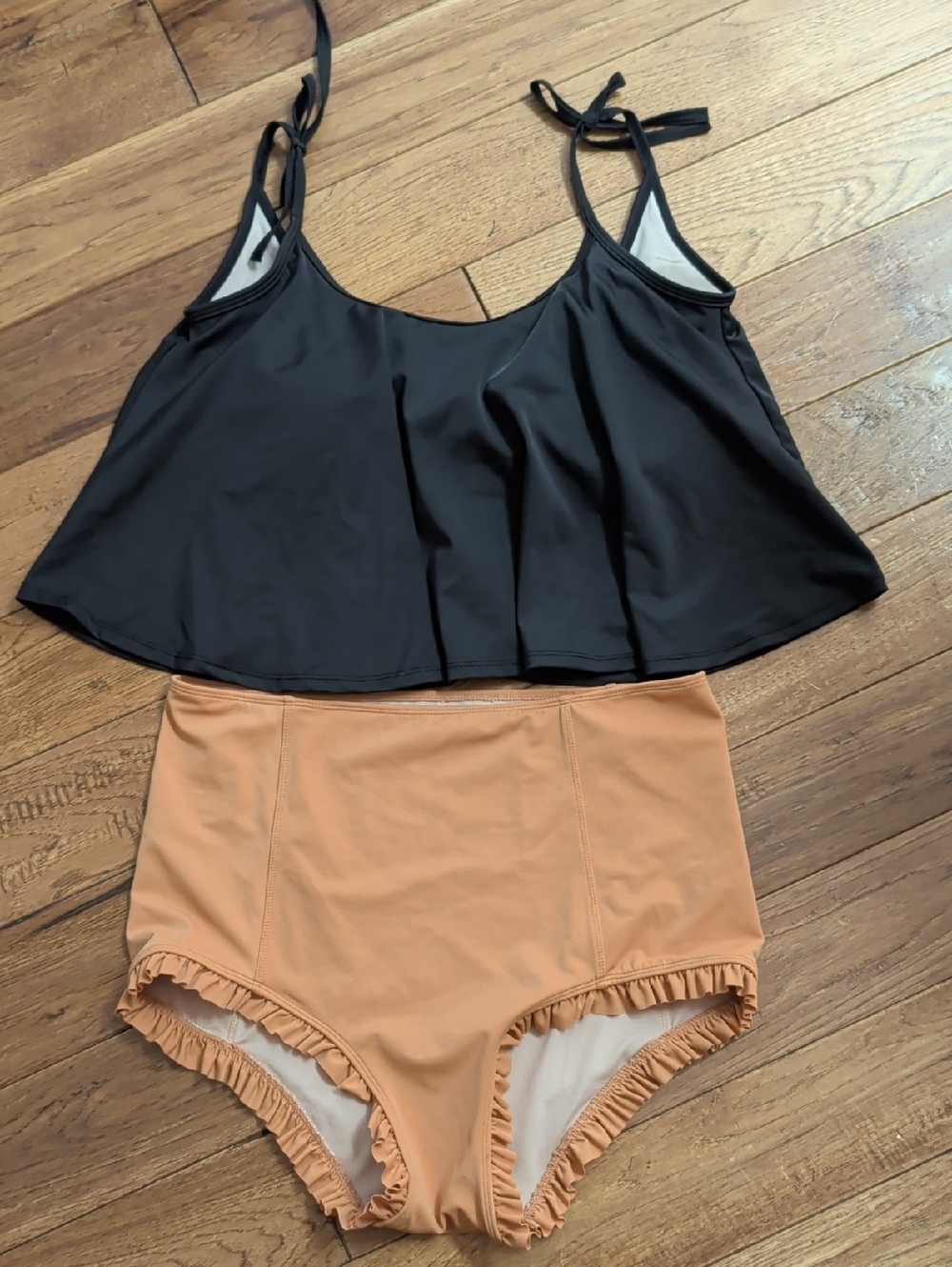 Kortni Jeane Black Swing Ruffle Tankini Top with Peach Ruffle High-Waist Bottoms